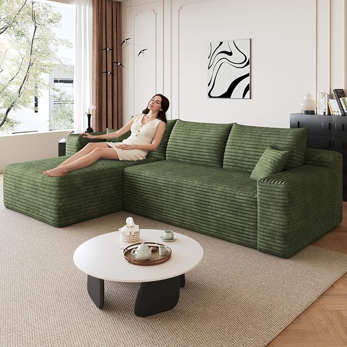 95" Modular Sectional Sofa, Modern Corduroy Cloud Couch with Side Pockets, Boneless Couch Upholstered 3-Seater L-Shaped Sofa for Living Room, No Assembly Required (Green,Left-Facing Chaise)