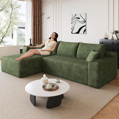 95" Modular Sectional Sofa, Modern Corduroy Cloud Couch with Side Pockets, Boneless Couch Upholstered 3-Seater L-Shaped Sofa for Living Room, No Assembly Required (Green,Left-Facing Chaise)