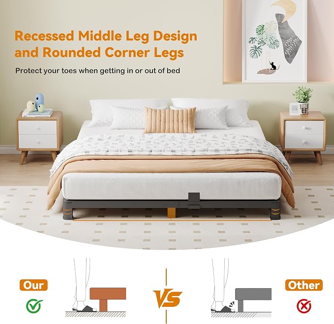 NKZ King Platform Bed Frame 4 Inch, Heavy Duty Metal Low Profile Bed Frame with Round Corner Legs, 3500lbs Weight Capacity Reinforced Frame, No Box Spring Needed，Noise-Free, Easy Assembly