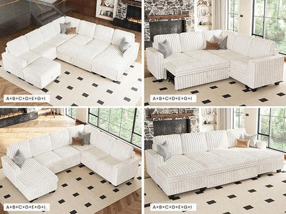 Belffin Corduroy Sectional Sleeper Sofa with Pull Out Bed Modular Sectional Loveseat Sofa Bed for Living Room Beige Couch