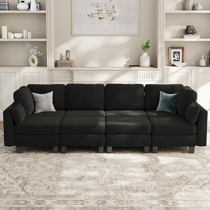 Sectional Sleeper Sofa, 8 Seaters Modular Sleeper Sofa Couch, Comfy Sectionals Couches Bed, Convertible Sofas with Ottomans, Modular Sectional Couches for Living Room, Black