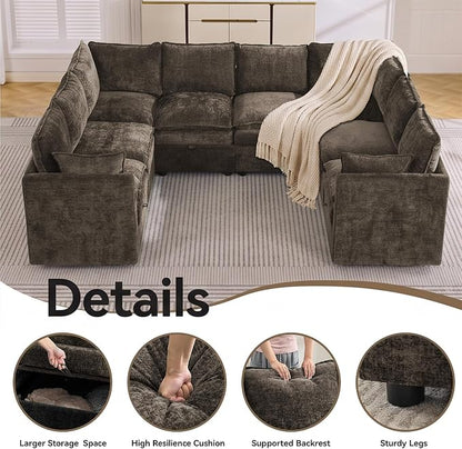 105" Brown Oversized Modular Storage Sofa, U Shaped Chenille Cloud Couch | Oversized Convertible Sectional Sofa, 8-Seat Sectional Couch With Armrests, Large Cloud Couch For Living Room, Apartment.