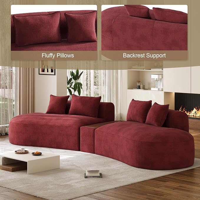 153.3" Oversized Curved Sectional Sofa, Luxury Chenille Cloud Couch for Living Room, Large Modern Modular Deep Seat Sofa with Movable Coffee Table & USB, No Assembly Needed, Red