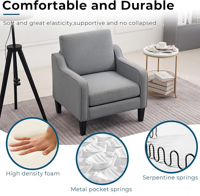 VINGLI Modern Accent Chairs Set of 2, Grey Living Room Chairs Comfy Armchair for Bedroom, Upholstered Sofa Chair Reading Chair for Small Spaces, Apartment, Waiting Room