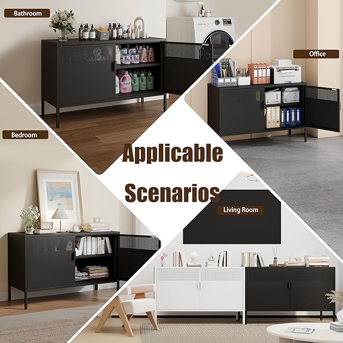 Black 25" H Metal Storage Cabinet, Metal TV Stand with Adjustable Shelf, 2 Door Accent Cabinet, 2-Tier Low Cabinet with Vent Hole, Storage Cabinets for Entryway, Home Office, Music Studio