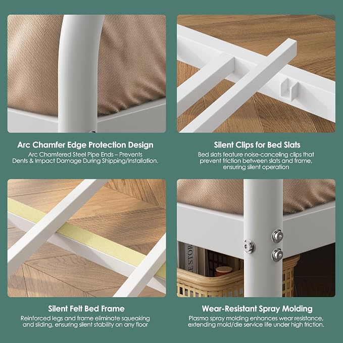 Twin XL Over Queen Bunk Bed Size, Heavy Duty Bunk Beds with Bottom Space & Guardrail Metal Bunk Bed Frame for Adults Dorm Bedroom Guest Room, No Box Spring Needed（Upgrate White）