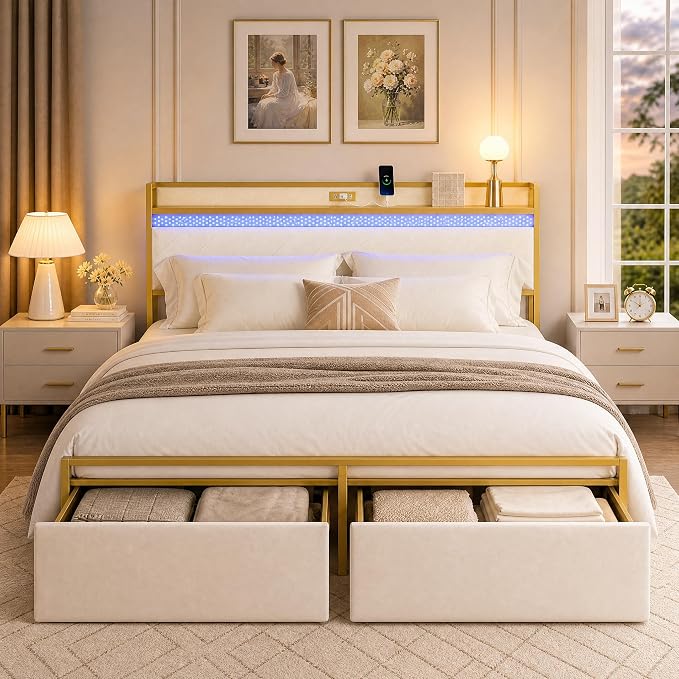 GarveeHome King Bed Frame with 2 Storage Drawers, LED Bed Frame with 2-Tier Storage Headboard&Charging Station, Metal Platform Bed Frame, No Box Spring Needed, Noise Free, White