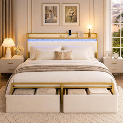 GarveeHome King Bed Frame with 2 Storage Drawers, LED Bed Frame with 2-Tier Storage Headboard&Charging Station, Metal Platform Bed Frame, No Box Spring Needed, Noise Free, White