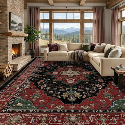 RELEANY Area Rugs Large 10'x14' Washable Non-Slip, Floral Vintage Distress Medallion Carpet for Living Room Bedroom Dining Room, Red Black
