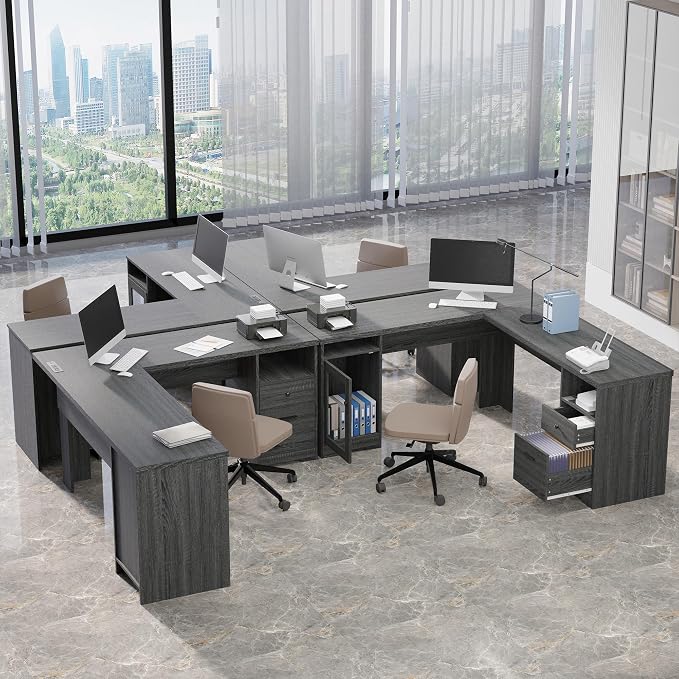 MU L Shaped Desk with File Cabinet, Corner Computer Desk with Storage Drawers, Large Home Office Table with Power Outlets, 60 Inch (Grey)