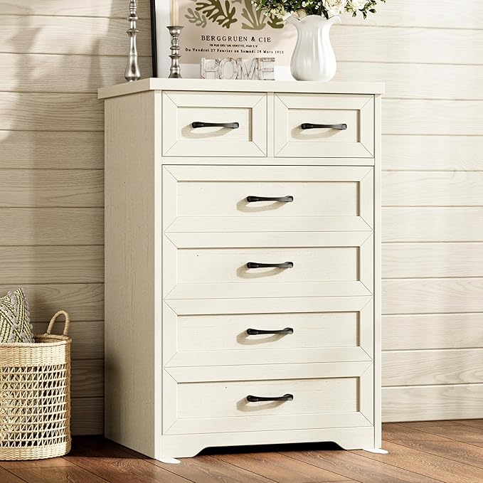 AODK Farmhouse Tall 6 Drawer Dresser for Bedroom, 5-Tier Vertical Storage Chest with Mixed Drawers, Engineered Wood Frame with Anti-Tip Safety, American Country Furniture, Vintage White