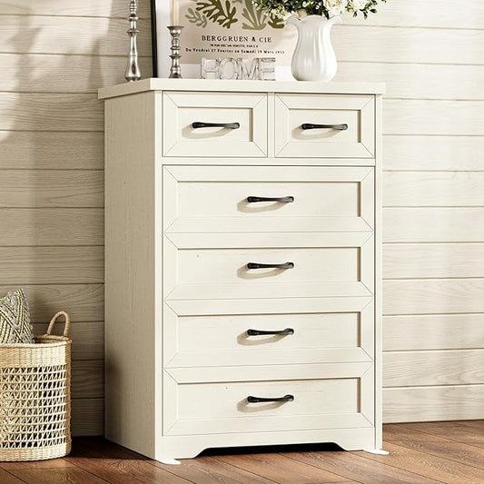 AODK Farmhouse Tall 6 Drawer Dresser for Bedroom, 5-Tier Vertical Storage Chest with Mixed Drawers, Engineered Wood Frame with Anti-Tip Safety, American Country Furniture, Vintage White