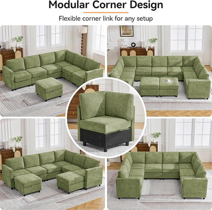 127'' Oversized U Shaped Modular Sofa, Sectional Couches with Storage for Living Room, Modern 9 Seater Cloud Sectional Couch with Movable Ottoman, Chenille Green