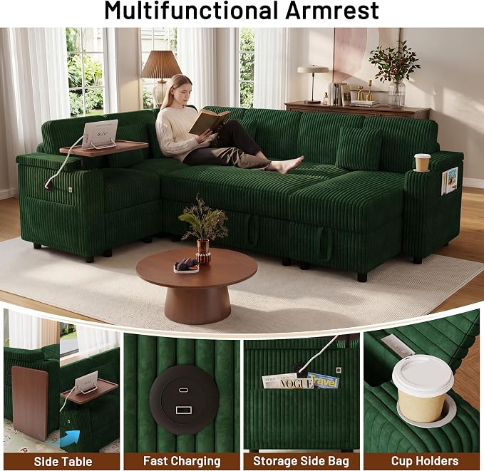 L-Shaped Sectional Sleeper Sofa with Pull Out Bed, Green | Plush Corduroy, Reclining Backrest, Storage Chaise, Usb Ports, Cup Holders & Table – Modular Cloud Couch for Living Room