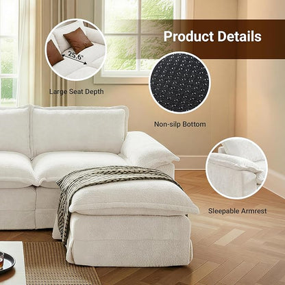 Claiks 123" Modular Boneless Couch, U Shaped Couch for Living Room, Modern Deep Seat Sofa 3 Seater Chenille Fabric Comfy Cloud Couches with Movable Ottoman, Beige