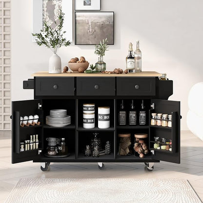 Large Kitchen Island with Rubber Wood Drop Leaf, Rolling Kitchen Cart with Ample Storage on Wheels with Doors and Drawers for Dining Room (Modern Black, Black Handle, 53Inch)