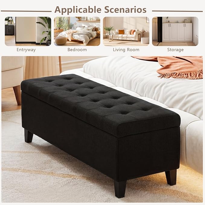 Joveco Storage Ottoman Bench, 51" Linen Rectangle Long Bench, for Bedroom, End Foot of Bed, Living Room, Entryway, Linen Black