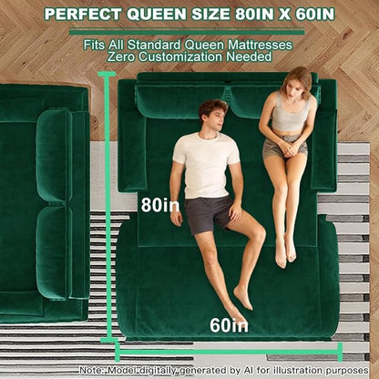 70.1" Sofa Bed Queen Size, Pull Out Couch Bed, 3-in-1 Convertible Sleeper Sofa with Cushion Armrest, Modern Velvet Futon Couch for Living Room, Small Space, Apartment, Bedroom, Green