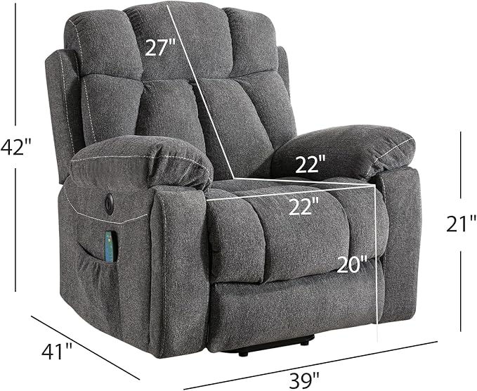 CANMOV Large Power Lift Recliner Chairs with Massage and Heat for Elderly Big People, Heavy Duty Motion Reclining Mechanism-Anti Skid Fabric Recliner Chair with 2 Concealed Cup Holders,Dark Gray
