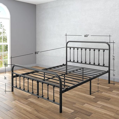 AMBEE21 Golden Gate Beds Vintage Style Metal Bed Frame with Wrought Iron Headboard and Footboard, Classic Platform Bedframe with Storage, No Box Spring Needed, Mattress Foundation, Black, Queen Size