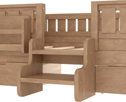 Bellemave Full Size Bed Frame with Storage Drawers & Bookshelf, Low Profile Kids Bed with Staircase & Full Length Guardrails, Solid Wood Full Size Bed Frame Kids with Slats Load 450 LBS, Oak Brown
