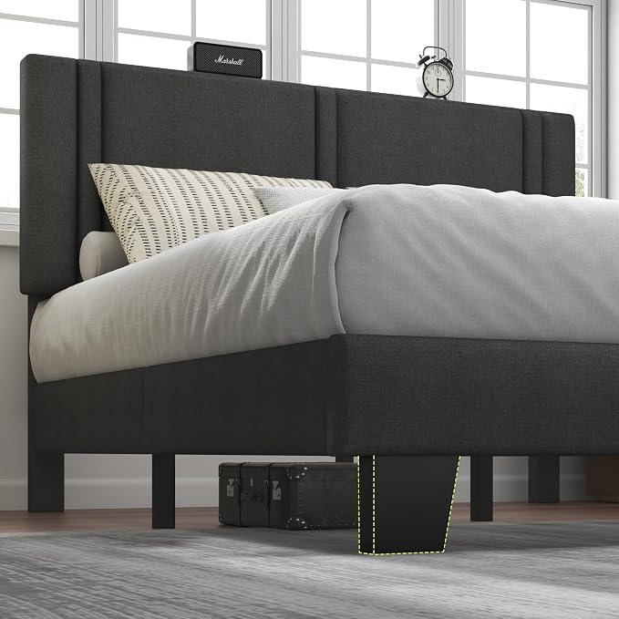 Feonase Queen Platform Bed Frame, Fabric Upholstered Queen Bed Frame, Solid Wood Slats & Heavy Duty Feet Support, No Box Spring Needed, Noise-Free, Easy Assembly, Dark Grey