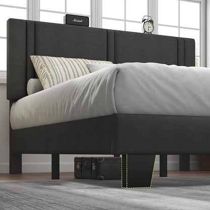 Feonase Full Size Platform Bed Frame, Fabric Upholstered Full Bed Frame, Solid Wood Slats & Heavy Duty Feet Support, No Box Spring Needed, Noise-Free, Easy Assembly, Dark Grey