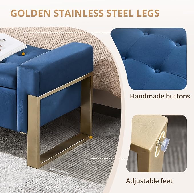 67'' End of Bed Storage Bench King Size, Storage Ottoman Bench for Bedroom, Modern Velvet Bed Benches for Foot of Beds with Gold Legs for Window Living Room Entryway, Dark Blue
