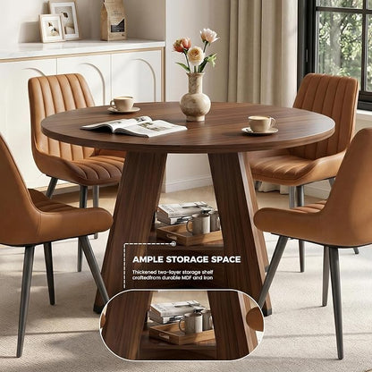Miereirl 47.3 Inch Round Dining Table Set for 4, Round Kitchen Table with Chairs, Space Saving Dining Room Table Set with Storage Shelf for Apartment Kitchen Dining Room, Walnut Table+4 Brown Chairs