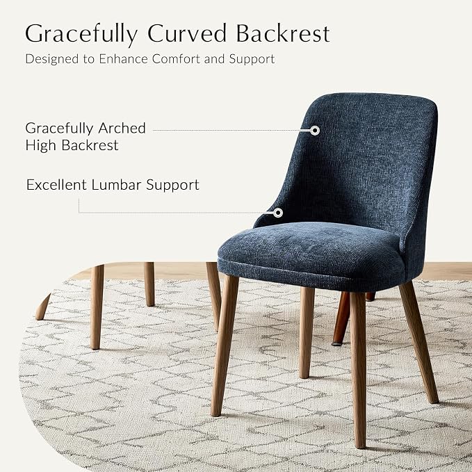 Upholstered Dining Chairs Set of 2, Fabric Dining Room Chairs with Curved Backrest, Solid Wood Legs, Modern Kitchen Chairs for Dining Room Living Room, Navy