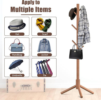 Haddockway Wooden Coat Rack Stand with 8 Hooks New Zealand Pine 3 Adjustable Coat Standing Tree Easy Assembly for Coats, Hats, Scarves and Handbags for Entryway, Hallway, Bedroom, Office,2 PCS