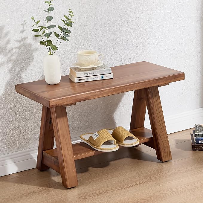 Solid Wood Entryway Bench, 30" Rustic Small Storage Bench 2-Tier Farmhouse Wooden Bench with Shelf Narrow Bench Seat Indoor for Entryway, Living Room, Dining Room, Hallway, Walnut