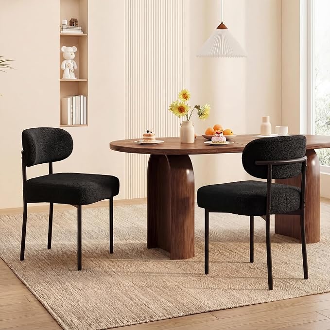 Black Boucle Dining Chairs Set of 2 | 4.3" Thicken Cushion, Kitchen Dining Room Chairs, Curved Backrest, Comfortable Upholstered, Mid Century Modern
