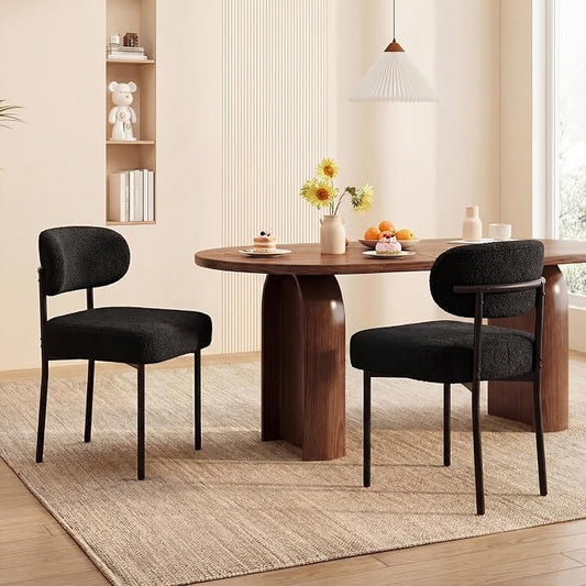 Black Boucle Dining Chairs Set of 2 | 4.3" Thicken Cushion, Kitchen Dining Room Chairs, Curved Backrest, Comfortable Upholstered, Mid Century Modern
