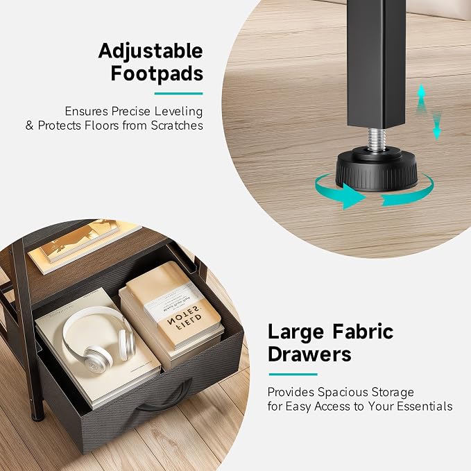 Lazzanto Night Stand Bedside Table Bedroom - Tall Nightstand with Charging Station & LED Light Strip, Bed Side Table with Shelf & Drawers, 2 U-S-B Ports & 2 AC Outlets, Black