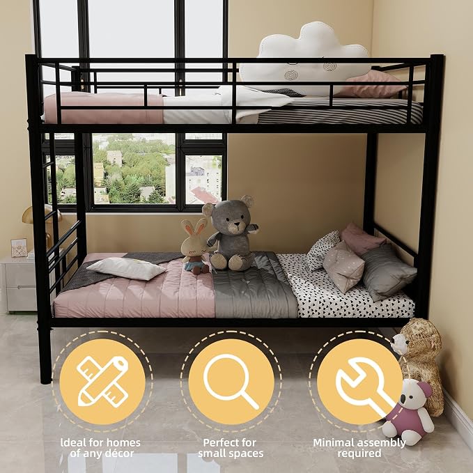 HRVEOCEI 2-Way Convertible Twin Over Twin Bunk Bed with Guardrail & Ladders, Metal Low Bunkbed for Kids Boys Girls, Heavy Duty, No Box Spring Needed, Space-Saving (Black, No Trundle)