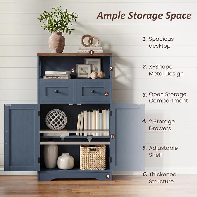 Befrases Farmhouse Blue Storage Cabinet with Barn Doors and Drawers, Small Freestanding Kitchen Pantry Cabinet, Hutch Cupboard for Kitchen, Laundry, Living Room,Bathroom