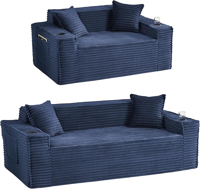 Boneless Sofa Couches with Cup Holder for Compact Living Rooms, Apartments (Blue, Loveseat + 3 Seat Sofa)