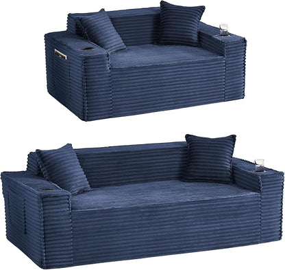 Boneless Sofa Couches with Cup Holder for Compact Living Rooms, Apartments (Blue, Loveseat + 3 Seat Sofa)