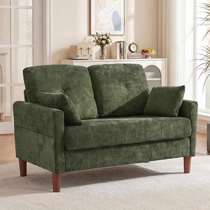 Vipbear 48" Loveseat Sofa,Modern Small Couches for Small Spaces,Green Chenille Love Seat Couch for Living Room,Bedroom,Apartment,Office,Deep Seat,Throw Pillow,Side Pockets,Square Armrest
