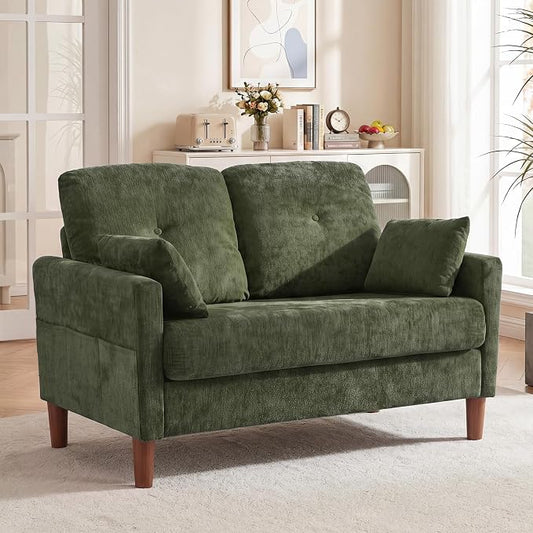 Vipbear 48" Loveseat Sofa,Modern Small Couches for Small Spaces,Green Chenille Love Seat Couch for Living Room,Bedroom,Apartment,Office,Deep Seat,Throw Pillow,Side Pockets,Square Armrest