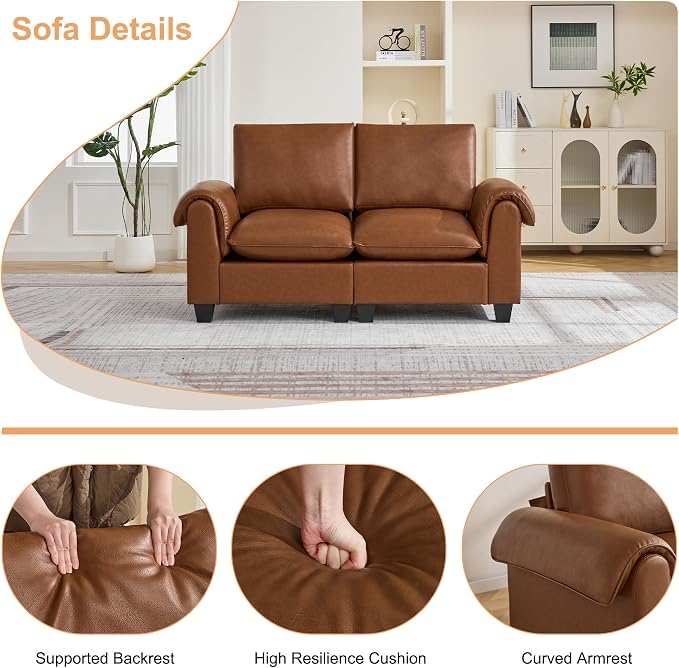 70.5" Faux Leather Modular Sectional Loveseat Sofa, Oversized 2 Seater Upholstered Couch with Curved Armrests, Cloud Modern Deep Seat Love Seat Sofa for Living Room, Brown