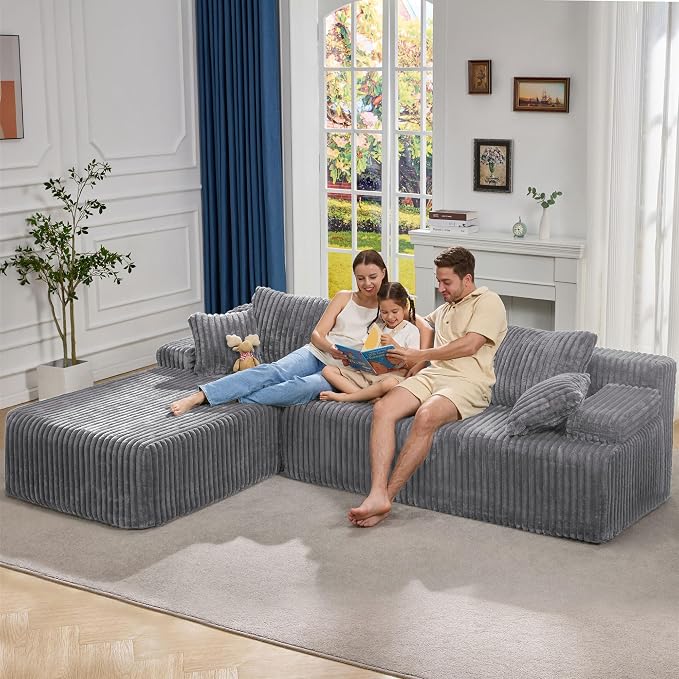 Hobestluk Boneless Couch Modular Sectional Sofa L-Shape Oversized Chaise | 108" Left Facing Chaise Light Grey,Memory Foam,Removable Cover,Non-slip Bottom,No Assemble Required,Living Room Furniture