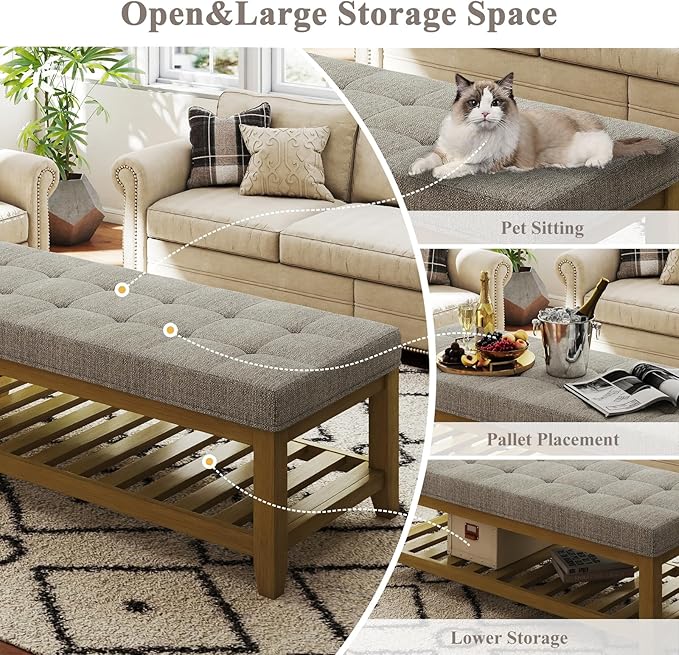 Befurtori Large Rectangular Upholstered Ottoman Bench, Linen Tufted Footrest Ottoman with Solid Wood Shelf Storage Coffee Table for Bedroom Living Room, Gray Linen