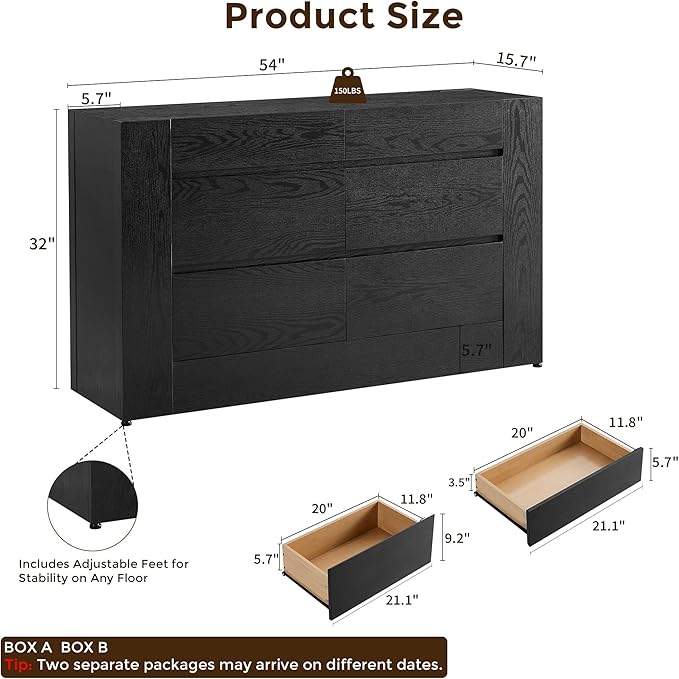 OKD 6 Drawer Dresser for Bedroom, 54" Wide Chest of Drawers with Thick Wood Design, Handleless, Modern Bedroom Dresser, Storage Organizer for Living Room/Entryway/Hallway, Black Oak