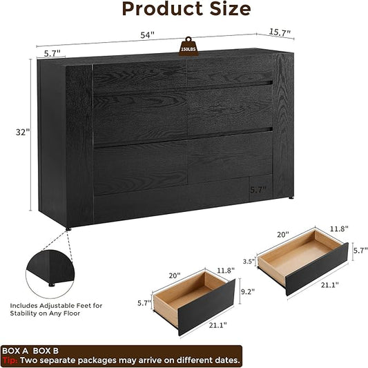 OKD 6 Drawer Dresser for Bedroom, 54" Wide Chest of Drawers with Thick Wood Design, Handleless, Modern Bedroom Dresser, Storage Organizer for Living Room/Entryway/Hallway, Black Oak