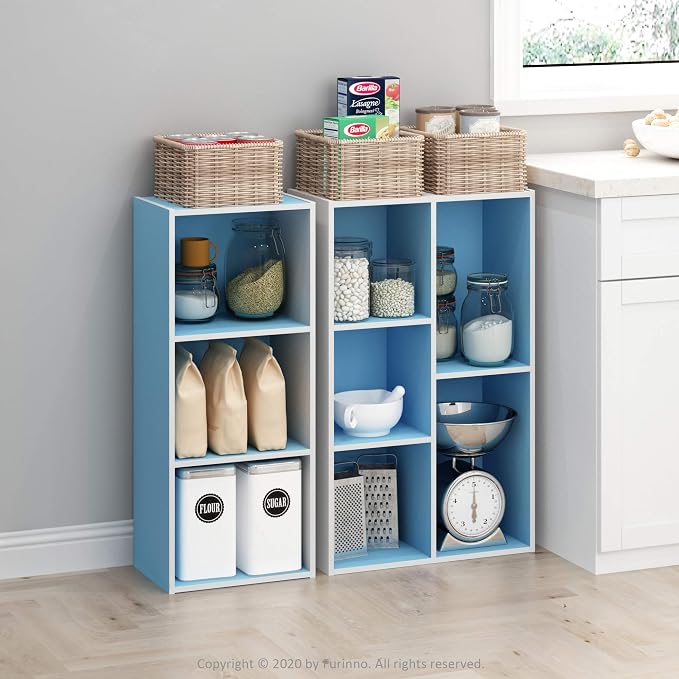 Furinno LUDER Book Shelf, 3-Cube Bookshelf, Bookcase with Open Shelves, 9.3 x 12 x 31.5, Easy Assembly, for Living Room, Bedroom, Home Office, White/Light Blue
