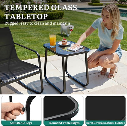 DWVO 3 Piece Patio Furniture Set, Durable Textilene Patio Set with Rocking Chairs Set of 2 & Tempered Glass Table for Garden, Balcony & Poolside, Black