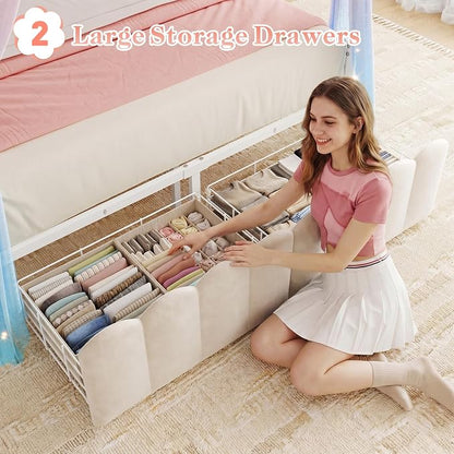 Homkdom Canopy Bed Frame Queen Size with Upholstered Storage Headboard and Charging Station & LED Lights, 2 Oversized Drawers,Heavy-Duty Support, No Box Spring,Quiet Sleep,Easy Assembly, White