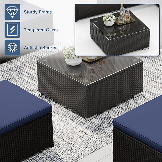 SUNCROWN 5-Piece Outdoor Patio Furniture Set, All-Weather PE Rattan Sectional Sofa with Ottoman, Glass Coffee Table & Cushions, Modular Wicker Conversation Set for Backyard, Garden, Porch, Dark Blue